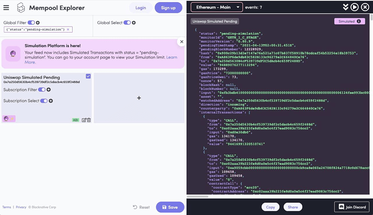 Simulated pending Ethereum events in Mempool Explorer